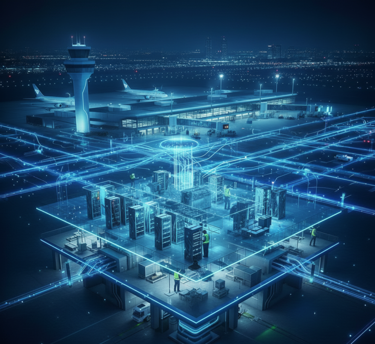 Diagrama futurista do backbone de rede em aeroportos, destacando a infraestrutura digital, data centers, segurança cibernética e o uso de 5G/Wi-Fi 6 e Cloud Computing para operações aeroportuárias. A imagem ilustra as conexões complexas de dados entre o data center central e a pista de pouso com aeronaves, simbolizando a tecnologia que suporta a conectividade aeroportuária e os desafios de escala.