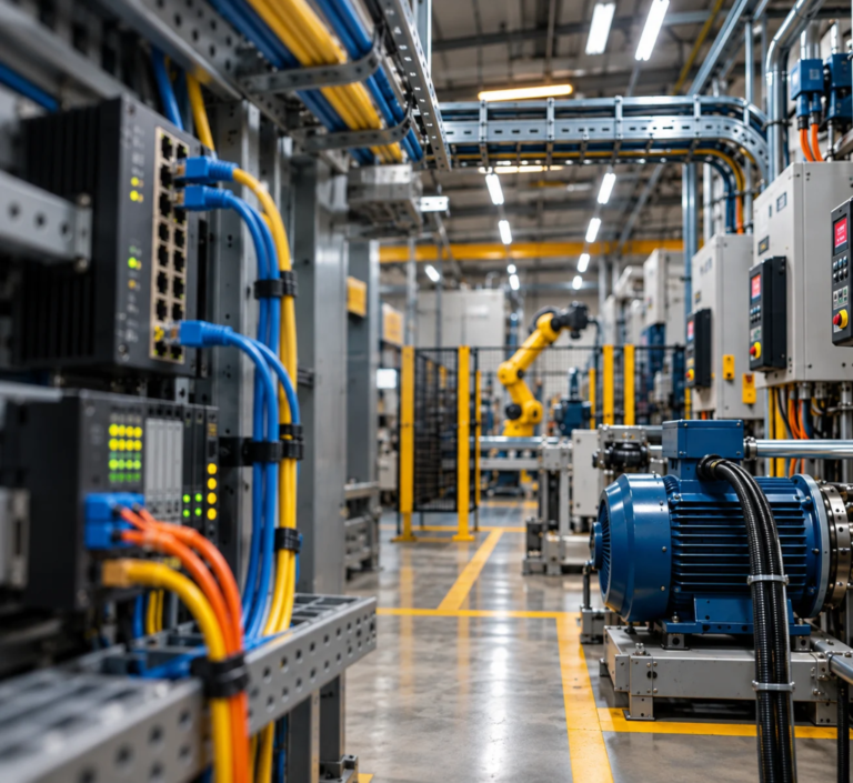 Rede industrial com cabos de rede, equipamentos de automação e infraestrutura de cabeamento em fábrica
