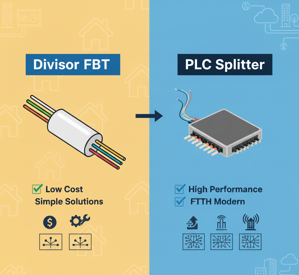 Imagem comparativa de divisores FBT e PLC para redes FTTH. O divisor FBT (Fusão Bicônica) é ilustrado como uma solução de baixo custo para divisões baixas ($1\times2$ a $1\times8$). O divisor PLC (Circuito de Onda de Luz Planar) é mostrado como a solução ideal para FTTH moderno, garantindo alta performance e altas divisões ($1\times16$ a $1\times64$).