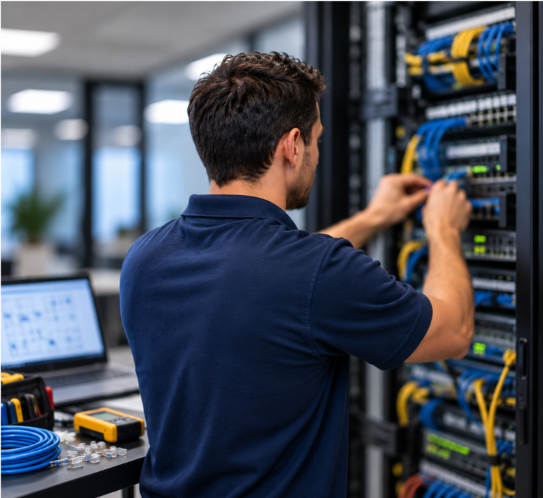 Técnico de redes organizando cabos em um rack de rede