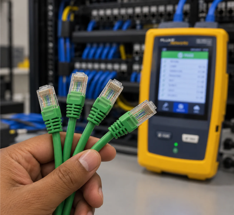Certificador Fluke DSX em segundo plano e cabos de rede RJ45 verdes sendo segurados por uma mão