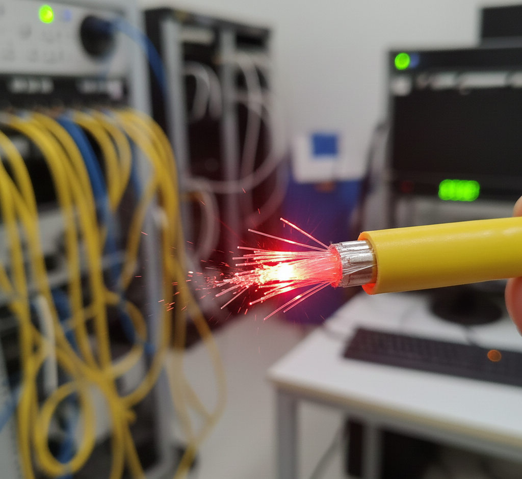 Cabo de fibra óptica rompido com luz laser VFL (Localizador Visual de Falhas) vermelha acesa, mostrando o ponto de quebra no datacenter.