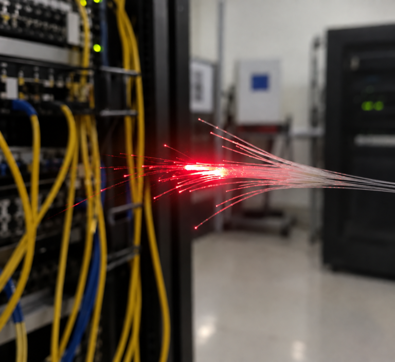 VFL emitindo luz vermelha em fibras ópticas para identificar uma falha