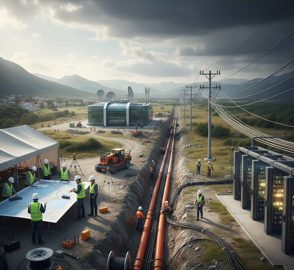 Imagem realística de uma equipe de engenheiros e técnicos em coletes de segurança, supervisionando a instalação de um backbone de fibra óptica em uma vala aberta. A cena inclui dutos laranjas de proteção, carretéis de cabo, equipamentos de construção, servidores (racks) de telecomunicações à direita, e um centro de dados/estação central ao fundo. O ambiente é rural com montanhas e céu nublado, representando as fases de planejamento e execução de um projeto de infraestrutura de rede de alta capacidade.