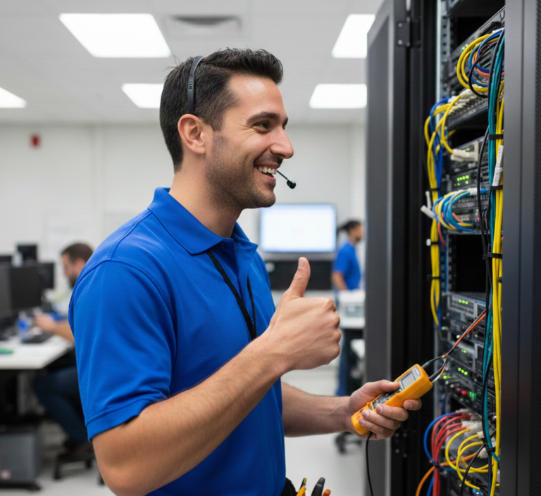 Técnico de redes sorrindo e dando joinha, realizando manutenção em servidor de data center com cabeamento estruturado, usando ferramenta de diagnóstico.