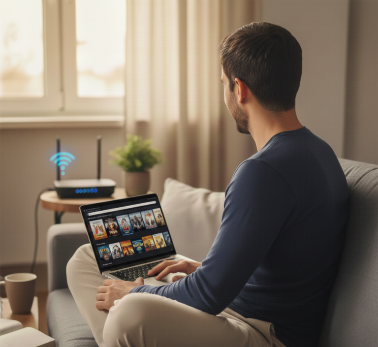 Homem sorrindo e satisfeito usando um notebook no sofá, simbolizando a internet que acabou de chegar e está funcionando perfeitamente em sua casa. Um roteador com sinal Wi-Fi forte está visível ao lado.