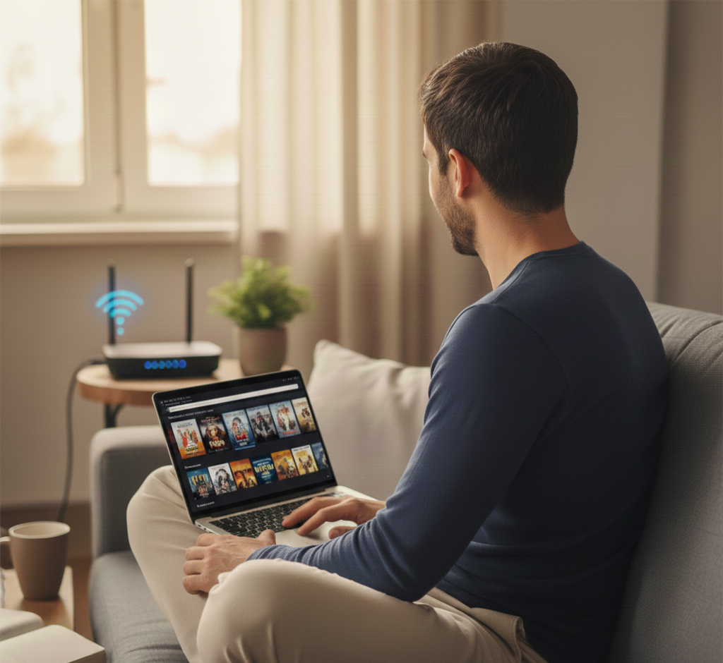 Homem sorrindo e satisfeito usando um notebook no sofá, simbolizando a internet que acabou de chegar e está funcionando perfeitamente em sua casa. Um roteador com sinal Wi-Fi forte está visível ao lado.