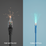 Comparação visual dividida ao meio entre um cabo de par metálico e um cabo de fibra óptica em um ambiente de data center. À esquerda, um cabo de cobre com conector RJ-45 e fios expostos sob a legenda 'PAR METÁLICO'. À direita, cabos de fibra óptica com conectores LC emitindo feixes de luz sob a legenda 'FIBRA ÓPTICA'.