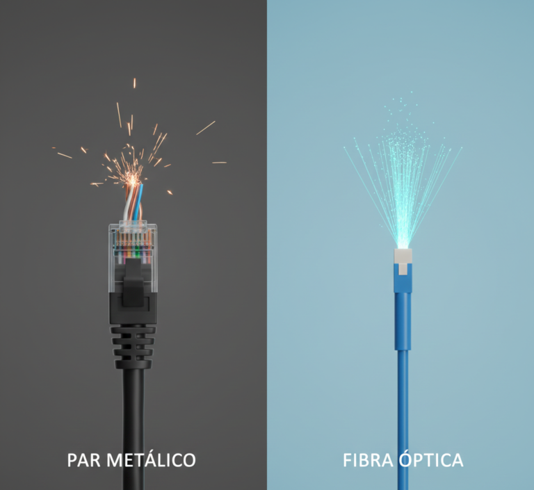 Comparação visual dividida ao meio entre um cabo de par metálico e um cabo de fibra óptica em um ambiente de data center. À esquerda, um cabo de cobre com conector RJ-45 e fios expostos sob a legenda 'PAR METÁLICO'. À direita, cabos de fibra óptica com conectores LC emitindo feixes de luz sob a legenda 'FIBRA ÓPTICA'.