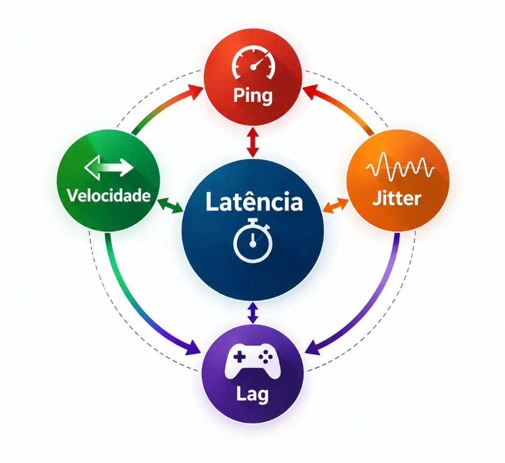 Infográfico sobre latência, ping, jitter, lag e velocidade da internet