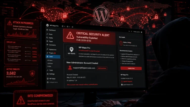 Ilustração de um hacker em frente a telas de computador com alertas vermelhos, representando a vulnerabilidade crítica no plugin WP Maps Pro para WordPress.
