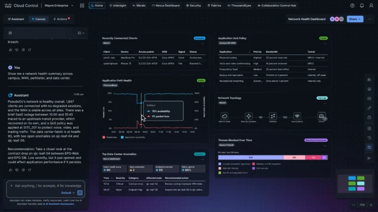 Interface do painel Cisco Cloud Control mostrando o status global da rede e o monitoramento de agentes de inteligência artificial agêntica.