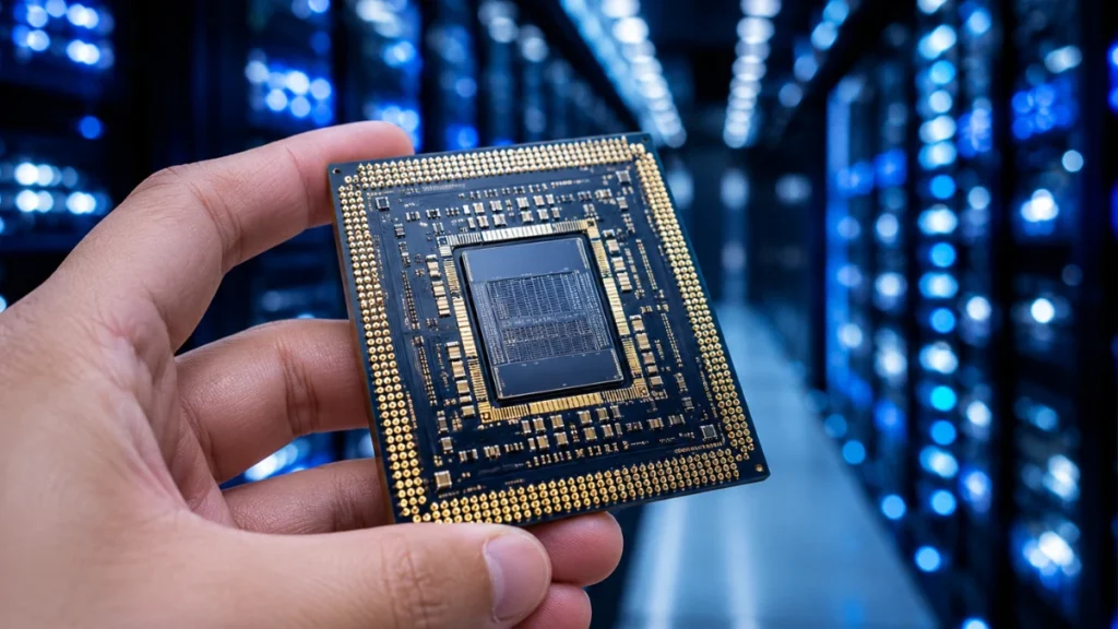 Técnico segurando processador de alta performance para inteligência artificial dentro de um data center com luzes de fibra óptica.