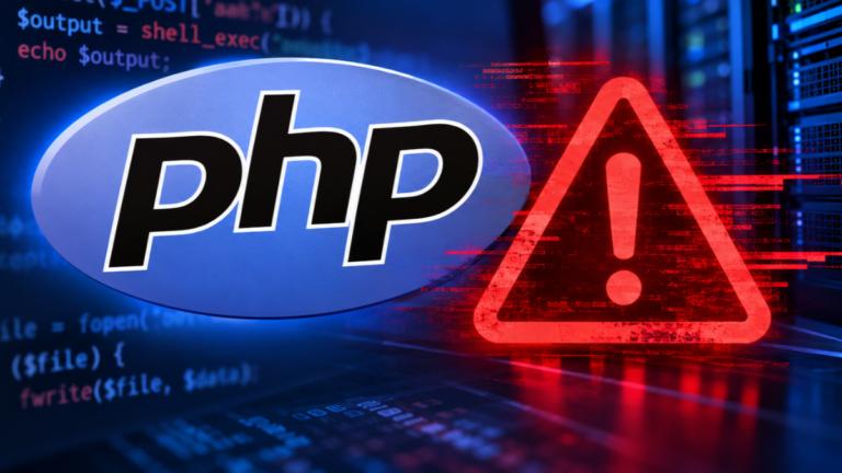 Logo PHP ao lado de um símbolo de alerta de segurança, representando vulnerabilidades críticas em servidores.